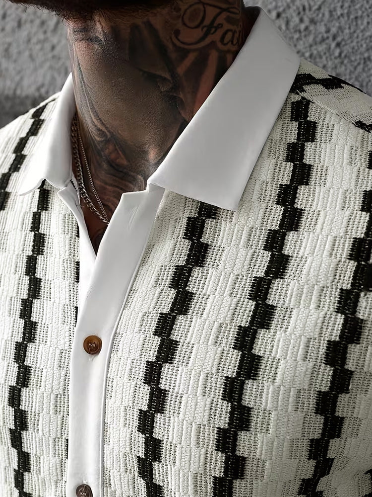 Cuban Collar Textured Stripe Short Sleeve Shirt