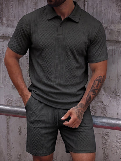 Textured Jacquard Polo Shirt and Shorts 2 Piece Set