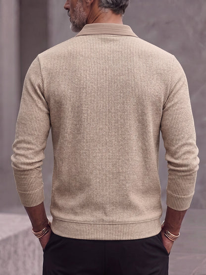 Men's Contrast Collar Ribbed Knit Long Sleeve Polo Shirt