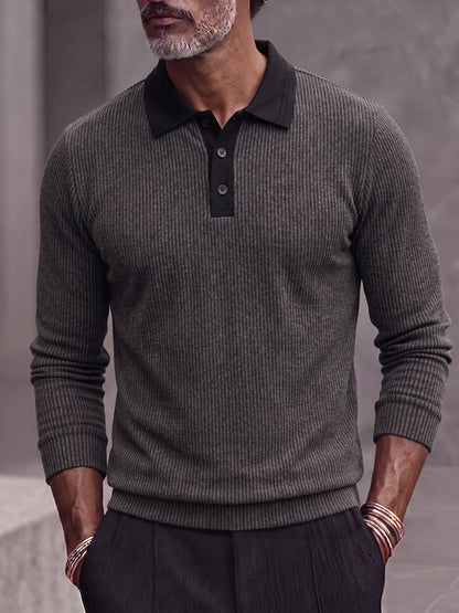 Men's Contrast Collar Ribbed Knit Long Sleeve Polo Shirt