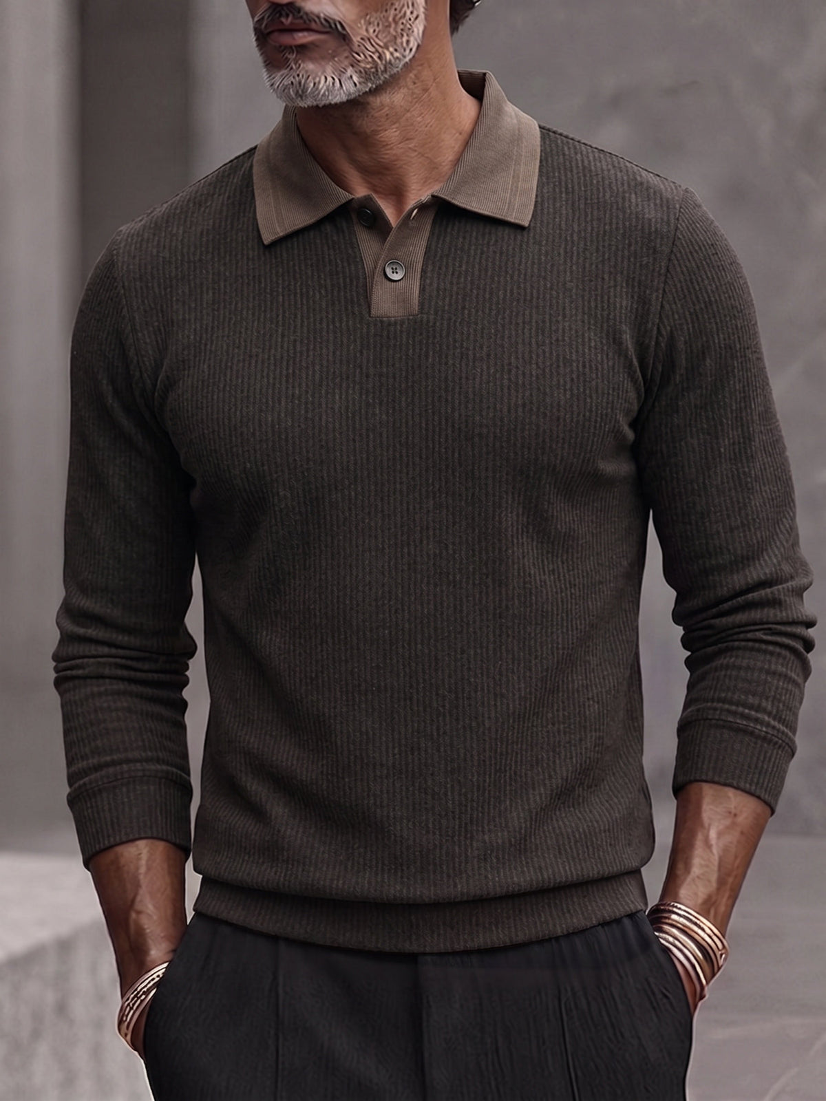 Men's Contrast Collar Ribbed Knit Long Sleeve Polo Shirt
