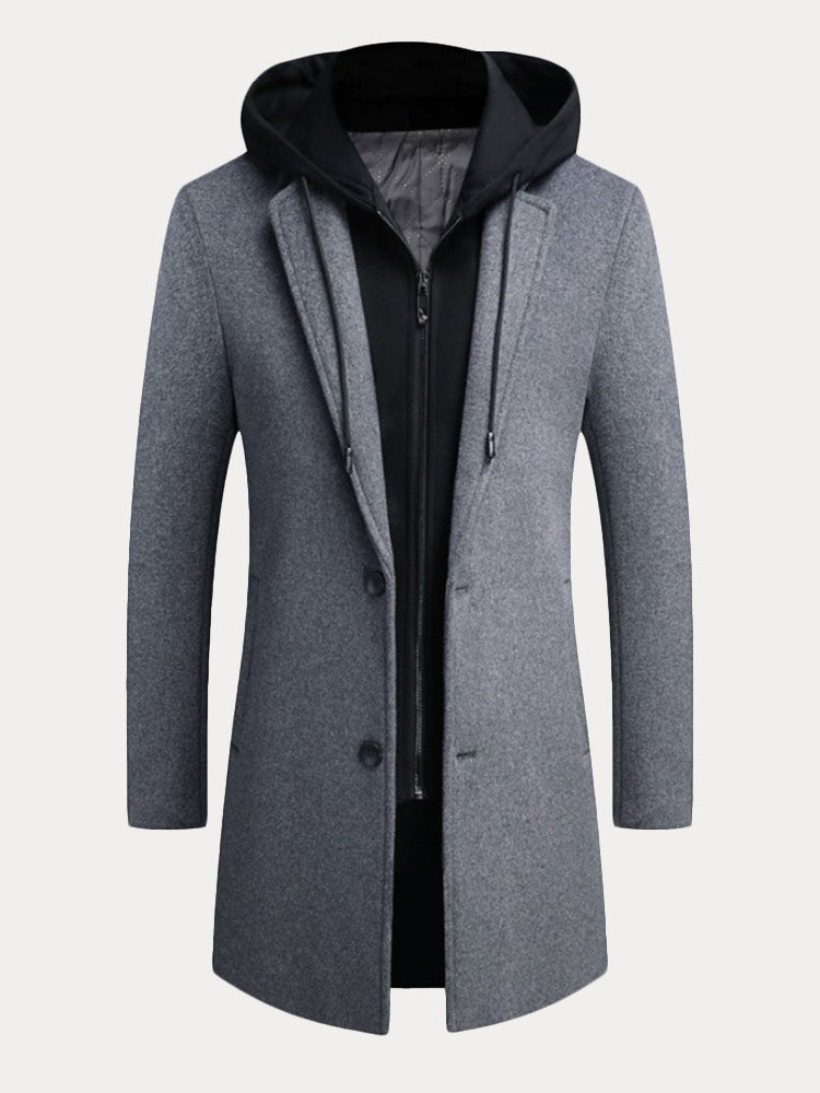 Faux Two-Piece Hooded Wool Blend Overcoat