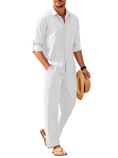 Casual Vacation Style Long Sleeve Shirt Pants Set